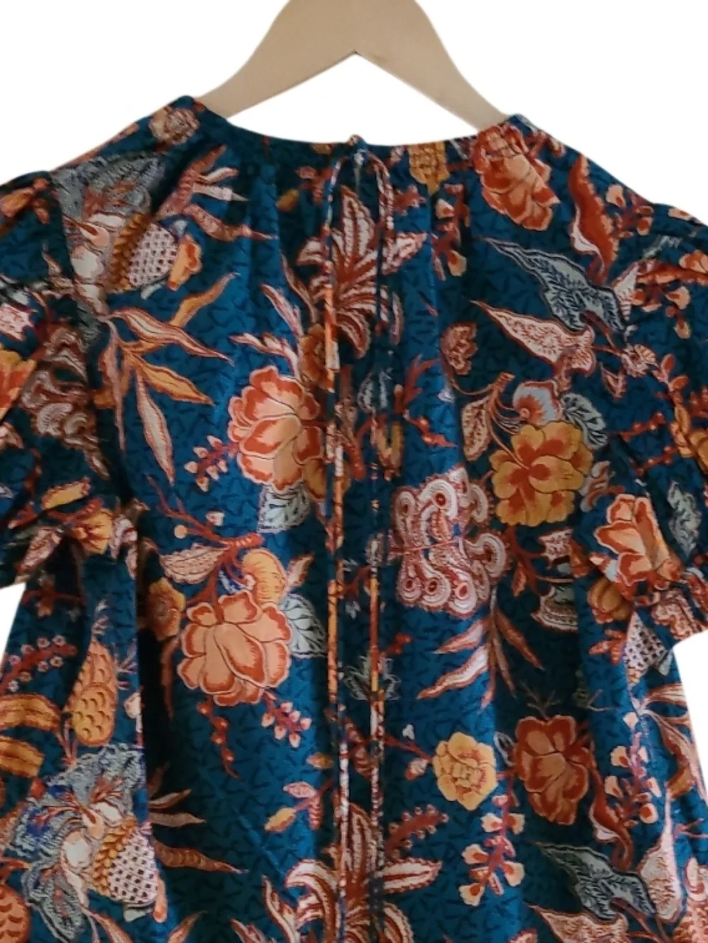 Ulla Johnson Frances Top Floral Puff-Sleeve 100% Cotton Blouse Deep Teal Orange